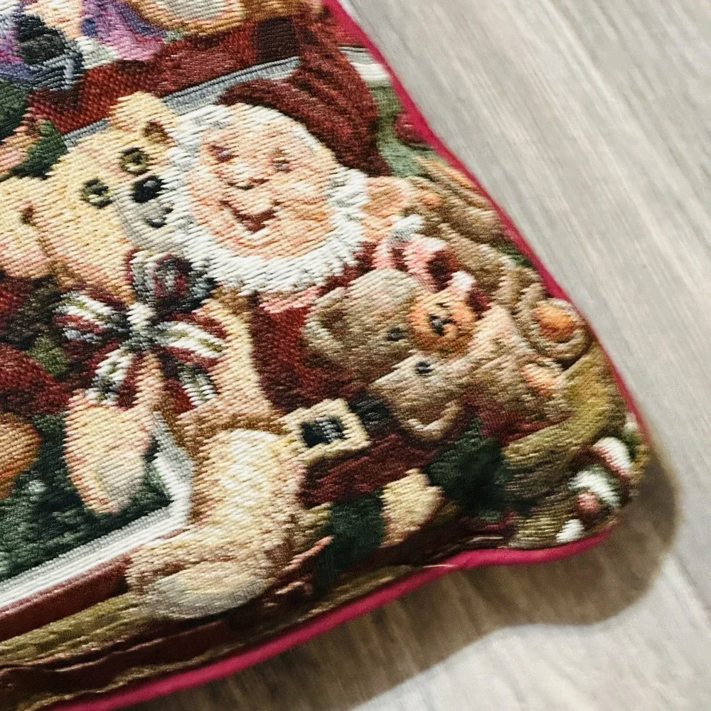Vintage Christmas Tapestry Throw Pillow Santa Workshop Toys Elves 15